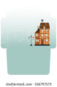 Winter town landscape envelope layout. German buildings under snow. Vecrot illustration