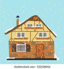 Winter town landscape. German building under snow. Isolated. Vecrot illustration