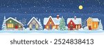 Winter town landscape. Vector Christmas night countryside scene with decorated snowy cottages and frosted trees under full moon and falling snowflakes, create tranquil serene, magical holiday ambiance