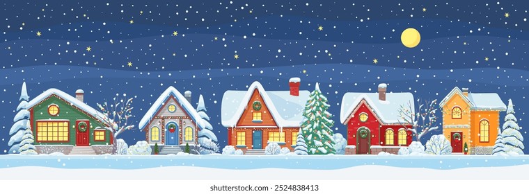 Winter town landscape. Vector Christmas night countryside scene with decorated snowy cottages and frosted trees under full moon and falling snowflakes, create tranquil serene, magical holiday ambiance