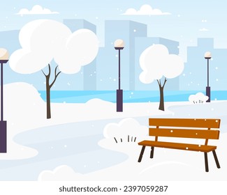 Winter town landscape vector graphic illustration. Winter city park with snow and city silhouette. Bench in winter city park, winter holidays concept