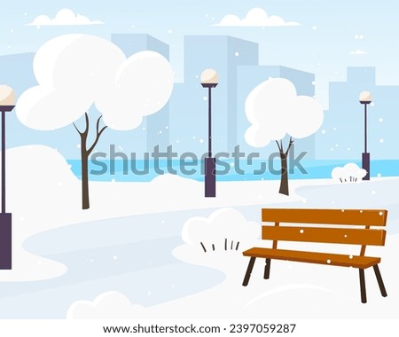 Winter town landscape vector graphic illustration. Winter city park with snow and city silhouette. Bench in winter city park, winter holidays concept