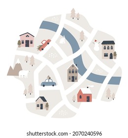Winter town map. Hand drawn vector illustration for greeting card or kids design.