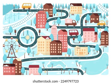 Winter town map vector illustration. Cartoon Christmas cute city houses and road with snow for kids board game, Xmas wallpaper with small buildings and trees, cars on streets pattern, top view