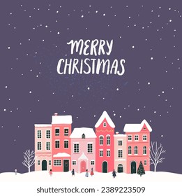 Winter town, Merry Christmas greeting card design. Snow at the evening, cute small houses, walking people.