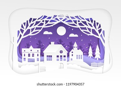 Winter town - modern vector paper cut illustration on white background. Lovely composition with trees, house, snowflakes, church. Perfect as a greeting card, presentation, banner