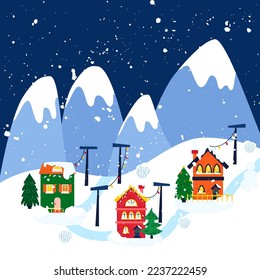 Winter Town Mountains. Vector Illustration of Seasonal Greetings. Holiday Celebration.