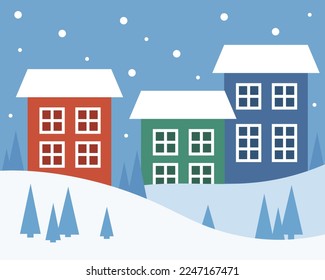 Winter town. Multi-storey buildings and snow-covered fields. Vector illustration.