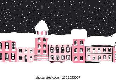 Winter Town at Night. Seamless Border. Snow-covered Houses. Christmas Background. Winter Landscape. Pink Houses, Snowfall. Hand Drawing Vector Illustration