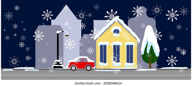 winter town night snowy landscape flat bunner