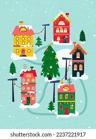 Afiche de Winter Town. Ilustración vectorial de saludos estacionales. Celebración de feriados.