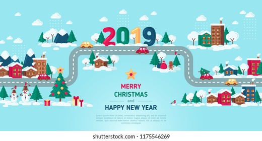 Winter Town Road. Vector illustration. New Year 2019 Template with Flat Icons. City buildings and Fir Trees in Snow, Place for text