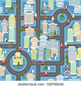 Winter town Santa Claus seamless pattern. Metropolis Christmas with reindeer and elves. Snowman and fir-tree. Elements new year holiday. Skyscrapers during holidays. City skyline Xmas day