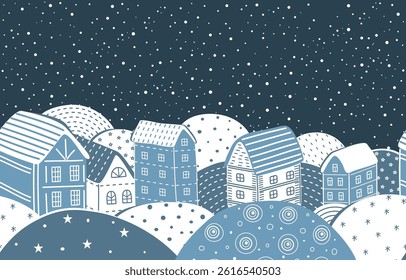 Winter Town. Seamless Abstract Border. Beautiful Houses. Christmas Background. Winter Landscape. Cozy Village. Blue White Houses, Snow. Hand Drawing Vector Illustration