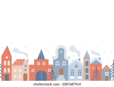 Winter town seamless border. Happy new year and merry Christmas old town street. Old city panorama. Snow landscape with houses. Vector illustration in flat style.