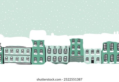 Winter Town. Seamless Border. Snow-covered Houses. Christmas Background. Winter Landscape. Green Houses, Snow. Hand Drawing Vector Illustration