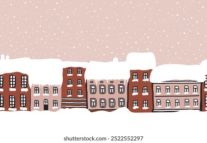 Winter Town. Seamless Border. Snow-covered Houses. Christmas Background. Winter Landscape. Brown Houses, Snow. Hand Drawing Vector Illustration