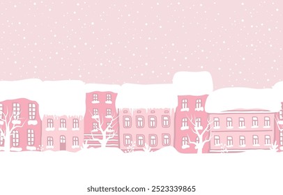 Winter Town. Seamless Border. Snow-covered Houses. Christmas Background. Winter Landscape. Pink Houses, Trees, Snow. Hand Drawing Vector Illustration