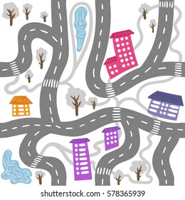 Winter town seamless map. Christmas in city - endless design pattern.