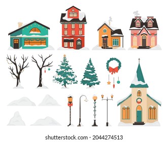 Winter town set. Beautiful houses and church with snow on the roof. Vilage landscape components. Trees and streetlights with a festive decoration. Christmas card constructor. Flat vector illustration