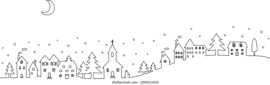 Winter town with snow by line drawing