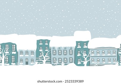 Winter Town. Snow-covered Houses. Christmas Background. Seamless Border. Winter Landscape. Blue Houses, Trees, Snow. Hand Drawing Vector Illustration