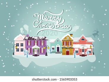 Winter town snowy street. Urban landscape. Christmas card Happy Holidays banner. Vector illustration