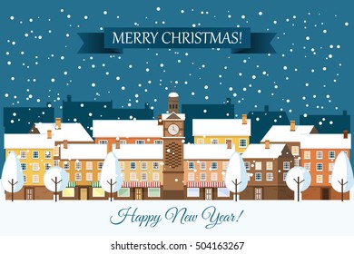 Winter town snowy street. Urban winter landscape. Christmas card Happy Holidays banner. Vector illustration flat design. Christmas background. Happy New Year card