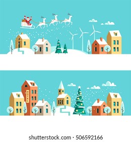 Winter town snowy street. Urban landscape. Christmas card Happy Holidays banner. Vector illustration flat design.