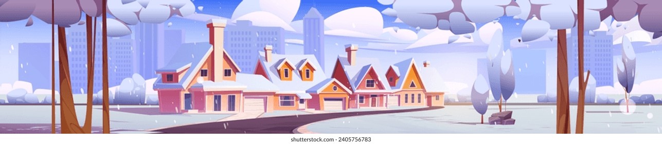 Winter town street against big city background. Vector cartoon illustration of suburban houses along rural alley under cloudy sky, trees and bushes covered with show, modern skyscrapers on horizon