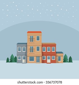 Winter town. Street with house, front view. City background. Vector detailed illustration. Urban landscape.