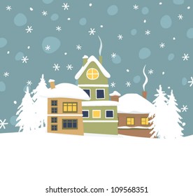 Winter town with trees and falling snow