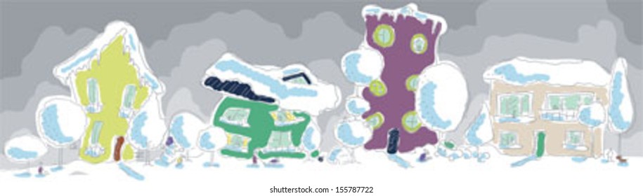 Winter town. Two houses. Girl looking at a snowman. A woman carries a child on a sled. Boy clinging snow caterpillar. Boy digging snow