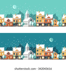 Winter Town. Urban Winter Landscape. Cityscape. Vector Illustration, Flat Style.