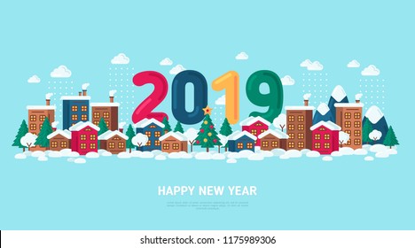 Winter Town Vector illustration with 2019 Numbers. Happy New Year and Merry Christmas Poster or Greeting Card. City Buildings in Snow and Decorated Xmas Tree.