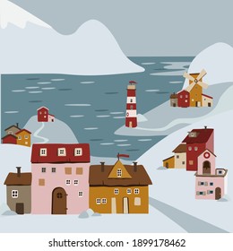 Winter town village countryside landscape. Snowing from the sky, colorful buildings, Christmas fir trees covered in snow. New year season holidays banner card template. Vector design illustration.