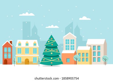 Winter town village landscape with christmas tree and snow