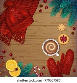 Winter traditional Background. Christmas Elements fir branches, knitted red hat, mittens, cup of coffee, cinnamon, cardamom, anise, berries, cookies ribbons on a wooden table. Top View. Vector