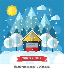 Winter traditional chalet under falling snow. Winter vacation flat landscape. Family weekend in wooden house on the forest mountain area. 