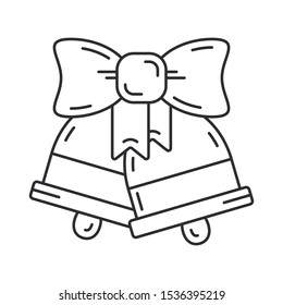 Winter traditional door bell with ribbon line icon. Holiday Xmas winter trendy decoration background. Holidays event, carnival party element. Children happiness. Vector linear illustration vintage.