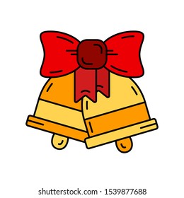 Winter traditional gold door bell with ribbon icon. Holiday Xmas winter trendy decoration background. Holidays event, carnival party element. Children happiness. Vector color illustration vintage.