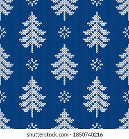 Winter traditional knitted pattern. Scandinavian style sweater. Seamless wool texture. Vector illustration with snowflakes and christmas trees. Holiday background.