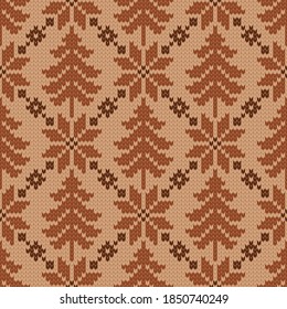 Winter traditional knitted pattern. Scandinavian style sweater. Seamless wool texture. Vector illustration with snowflakes and christmas trees. Holiday background.