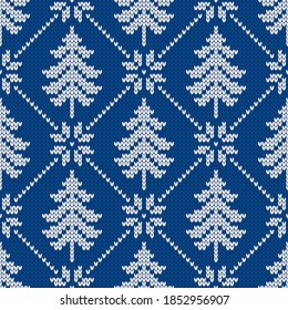 Winter traditional knitted pattern. Scandinavian style sweater. Seamless wool texture. Vector illustration with snowflakes and christmas trees. Holiday background.