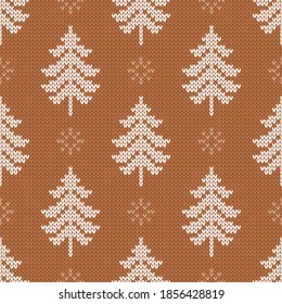 Patrón de punto tradicional de invierno. Suéter de estilo escandinavo. Textura de lana sin foco. Ilustración vectorial con copos de nieve y árboles de navidad. Fondo de vacaciones.