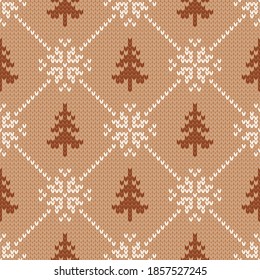 Winter traditionelles Strickmuster. Pullover im skandinavischen Stil. Nahtlose Wollstruktur. Vektorgrafik mit Schneeflocken und Weihnachtsbäumen. Feiertagshintergrund.