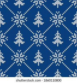 Winter traditional knitted pattern. Scandinavian style sweater. Seamless wool texture. Vector illustration with snowflakes and christmas trees. Holiday background.