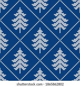 Winter traditional knitted pattern. Scandinavian style sweater. Seamless wool texture. Vector illustration with christmas trees. Holiday background.