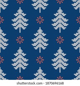 Patrón de punto tradicional de invierno. Suéter de estilo escandinavo. Patrón de lana sin foco. Ilustración vectorial con copos de nieve y árboles de Navidad. Fondo de vacaciones.