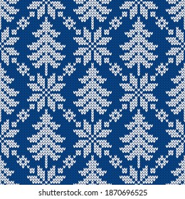 Patrón de punto tradicional de invierno. Suéter de estilo escandinavo. Textura de lana sin foco. Ilustración vectorial con copos de nieve y árboles de navidad. Fondo de vacaciones.